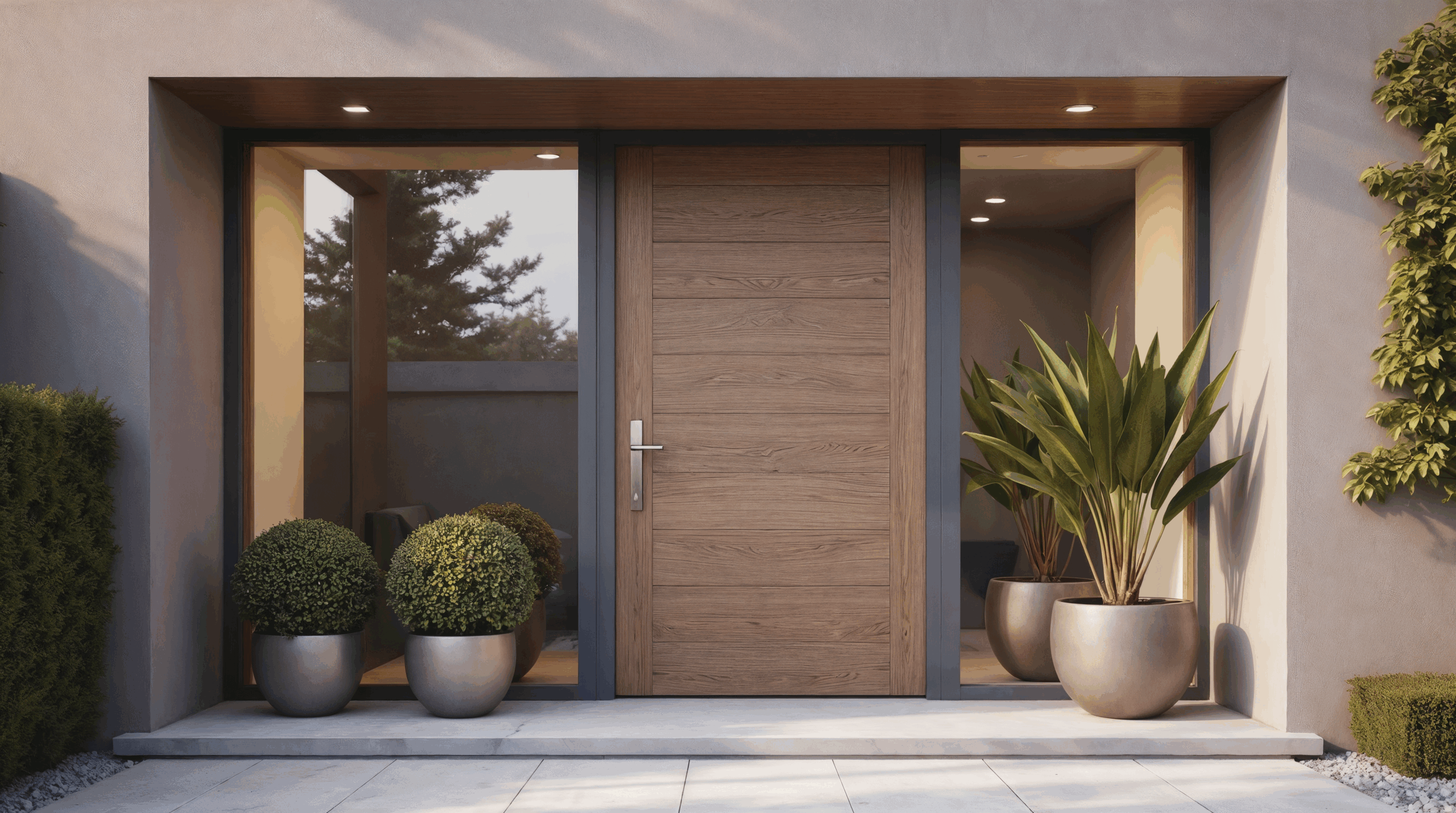 entree-moderne-avec-porte-en-bois-et-plantes-en-pot