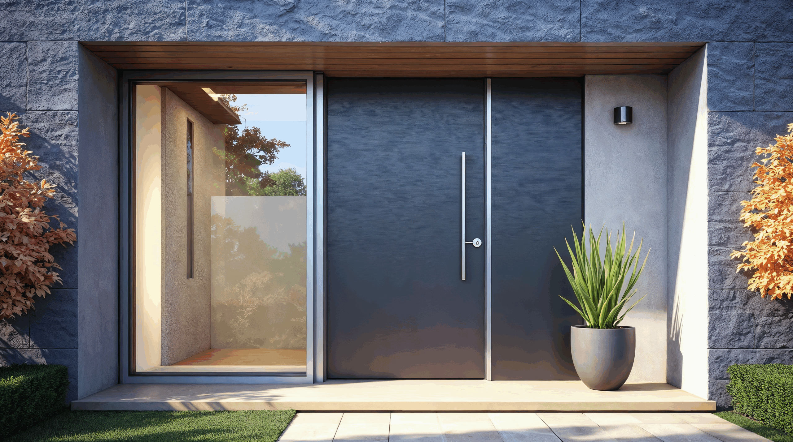 entree-moderne-avec-porte-sombre-et-panneau-de-verre