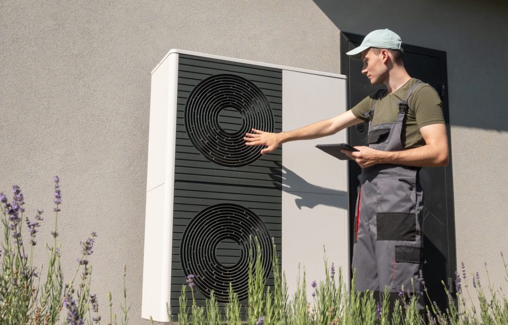 A technician in work overalls is seen adjusting an outdoor heat pump unit installed beside a modern house. He is holding a tablet in one hand while using the other to check the pump's functionality. The unit is surrounded by green plants, and the scene is illuminated by bright sunlight, emphasizing the professional maintenance of the heating system in a residential setting.